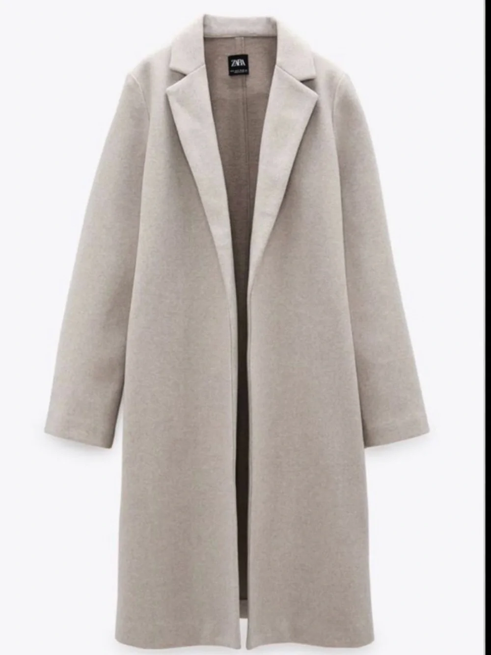Zara Long Lapel Coat Oatmeal Beige Open Front Minimalist Coat Size M